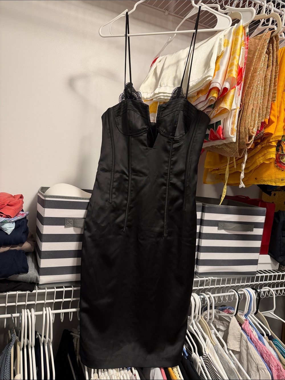 Black Satin Slip Dress with Lace Trim